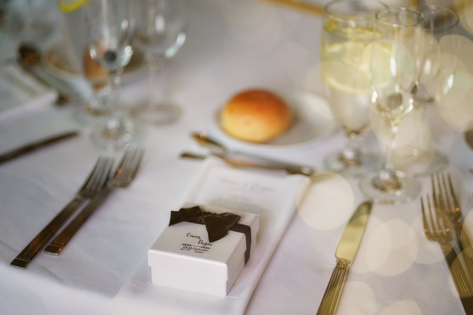 Wedding favor box on the reception table